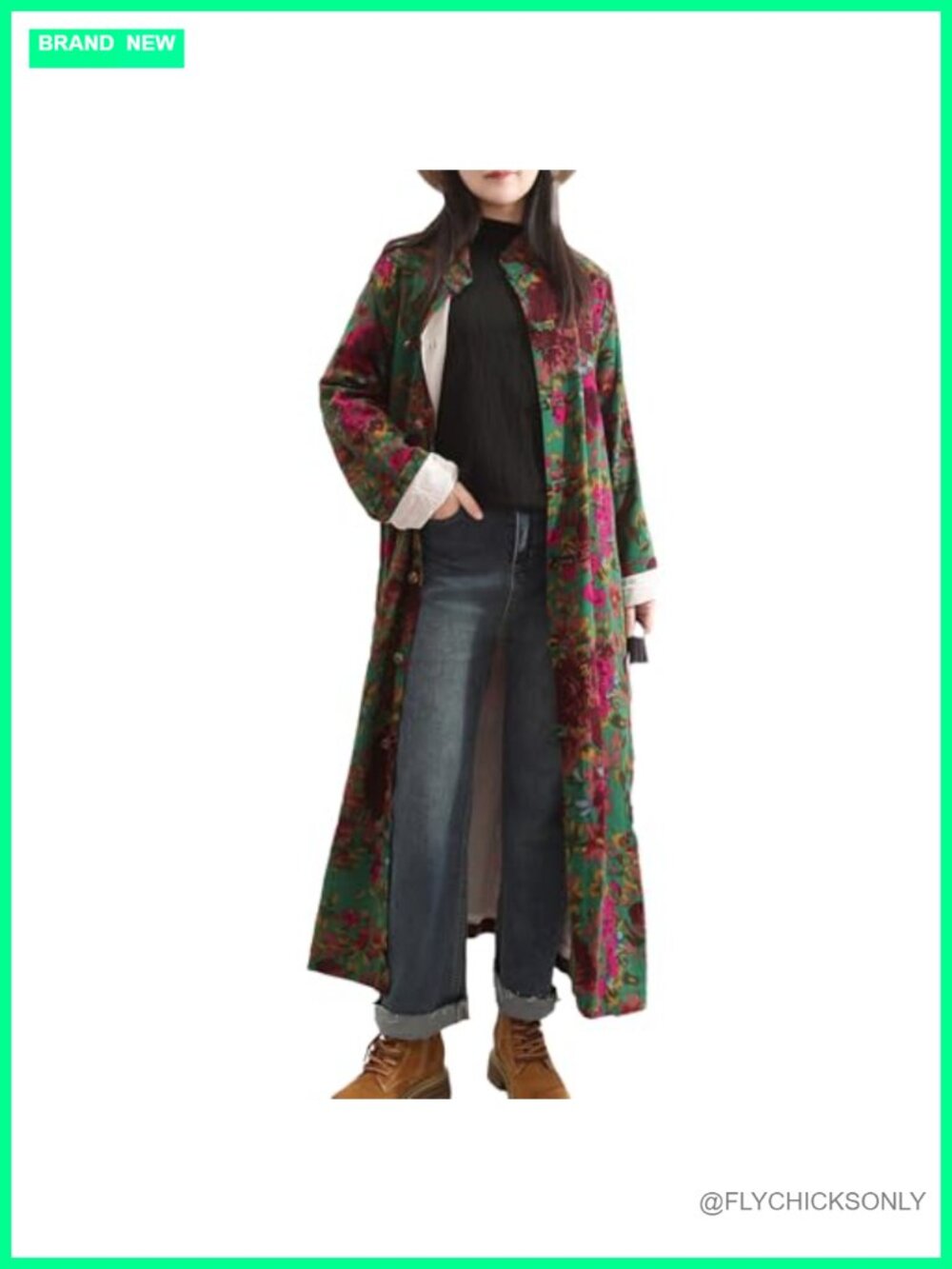 LZJN Women's Floral Trench Coat Cotton Linen Boho Long Jacket with Pockets
